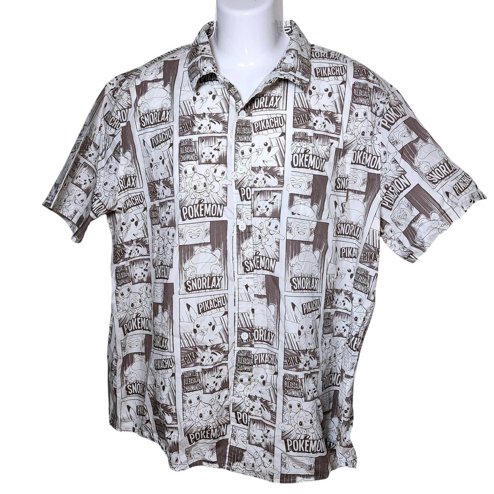 Pokemon Manga Panel Button Down Shirt Mens XL Pikachu Snorlax Cotton White Brown